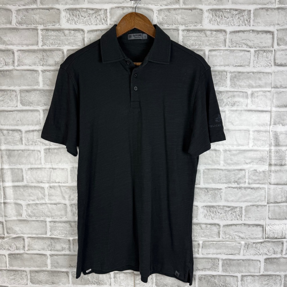 G/FORE Mens Black Slub Texture Golf Polo Shirt Pelican Hill Logo LARGE Stretch - Picture 1 of 7